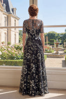 Laden Sie das Bild in den Galerie-Viewer, Bootsausschnitt Glitzerndes Schwarz Blumen A Linie Lang Kleid für die Mutter der Braut