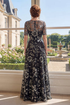 Bootsausschnitt Glitzerndes Schwarz Blumen A Linie Lang Kleid für die Mutter der Braut