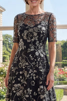 Laden Sie das Bild in den Galerie-Viewer, Bootsausschnitt Glitzerndes Schwarz Blumen A Linie Lang Kleid für die Mutter der Braut