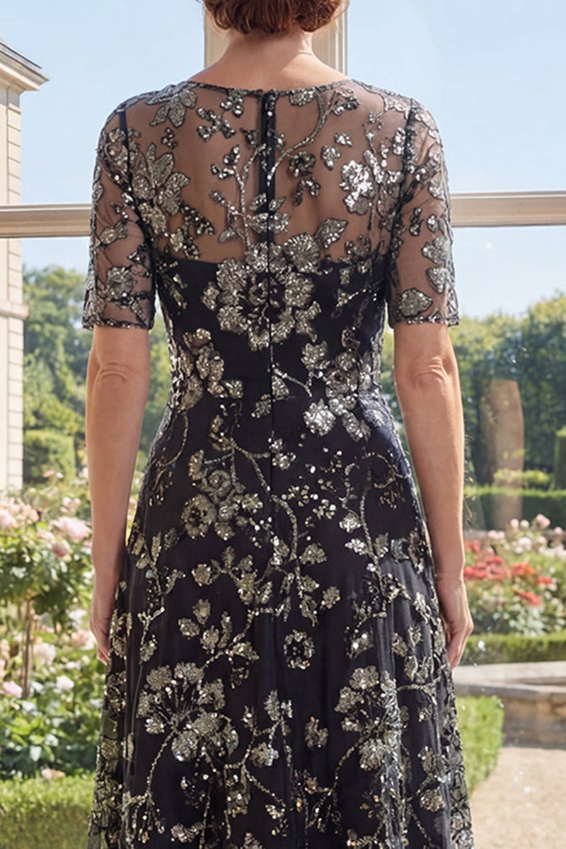 Laden Sie das Bild in den Galerie-Viewer, Bootsausschnitt Glitzerndes Schwarz Blumen A Linie Lang Kleid für die Mutter der Braut