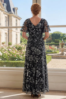 Flügelärmel V-Ausschnitt Gerafft Schwarz Blumen A Linie Lang Kleid für die Mutter der Braut