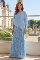 Laden Sie das Bild in den Galerie-Viewer, Bootsausschnitt Scheide Lang Perlenverziert Strahlendes Hellblau Kleid für die Mutter der Braut mit Cape
