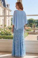 Laden Sie das Bild in den Galerie-Viewer, Bootsausschnitt Scheide Lang Perlenverziert Strahlendes Hellblau Kleid für die Mutter der Braut mit Cape