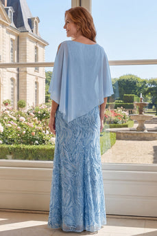 Bootsausschnitt Scheide Lang Perlenverziert Strahlendes Hellblau Kleid für die Mutter der Braut mit Cape