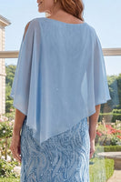 Laden Sie das Bild in den Galerie-Viewer, Bootsausschnitt Scheide Lang Perlenverziert Strahlendes Hellblau Kleid für die Mutter der Braut mit Cape