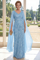 Laden Sie das Bild in den Galerie-Viewer, Scheide V-Ausschnitt Lang Perlenverziert Strahlendes Hellblau Kleid für die Mutter der Braut mit Cape