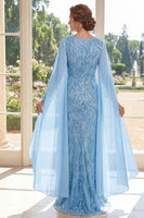 Laden Sie das Bild in den Galerie-Viewer, Scheide V-Ausschnitt Lang Perlenverziert Strahlendes Hellblau Kleid für die Mutter der Braut mit Cape