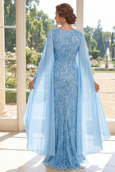 Scheide V-Ausschnitt Lang Perlenverziert Strahlendes Hellblau Kleid für die Mutter der Braut mit Cape