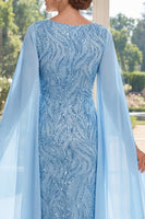 Laden Sie das Bild in den Galerie-Viewer, Scheide V-Ausschnitt Lang Perlenverziert Strahlendes Hellblau Kleid für die Mutter der Braut mit Cape