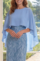 Laden Sie das Bild in den Galerie-Viewer, Meerjungfrau Lang Rüschen Perlenverziert Strahlendes Hellblau Kleid für die Mutter der Braut mit Cape