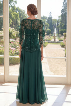 Lang Applikation Glitzerndes Dunkelgrün Bootshalsausschnitt A Linie Brautmutterkleid
