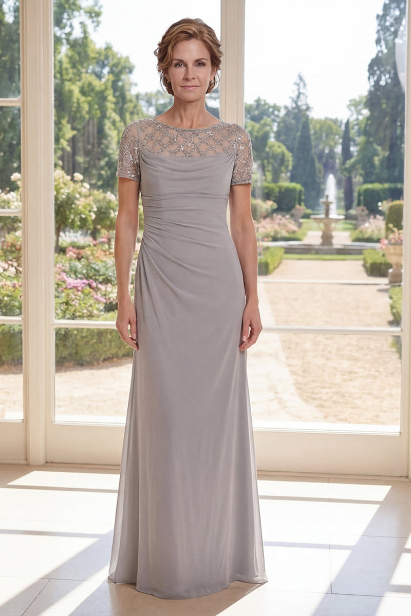 Laden Sie das Bild in den Galerie-Viewer, Kurzärmel Scheide Lang Perlenverziert Glitzerndes Grau Gerafft Brautmutterkleid