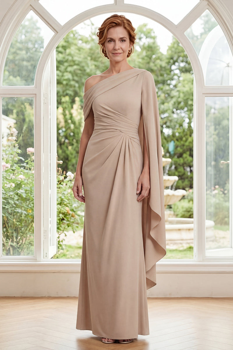 Laden Sie das Bild in den Galerie-Viewer, Scheide Gerafft Lang Champagner Kleid für die Mutter der Braut mit Rüschen