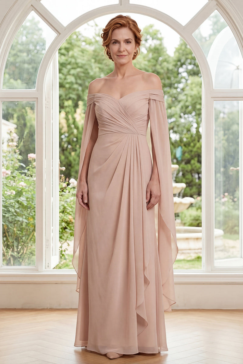 Laden Sie das Bild in den Galerie-Viewer, Lang Rüschen Champagner Scheide Gerafft Kleid für die Mutter der Braut mit Cape