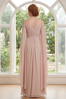 Lang Rüschen Champagner Scheide Gerafft Kleid für die Mutter der Braut mit Cape