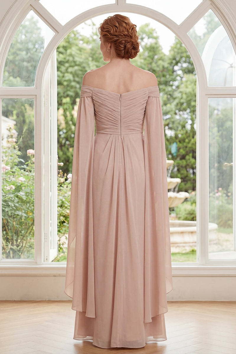 Laden Sie das Bild in den Galerie-Viewer, Lang Rüschen Champagner Scheide Gerafft Kleid für die Mutter der Braut mit Cape