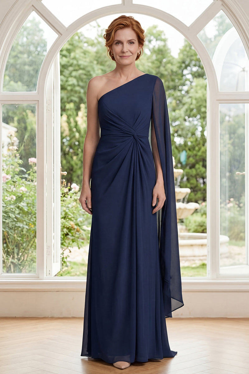 Laden Sie das Bild in den Galerie-Viewer, Lang Marine Scheide Gerafft Kleid für die Mutter der Braut mit seitlichem Cape