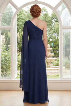 Lang Marine Scheide Gerafft Kleid für die Mutter der Braut mit seitlichem Cape