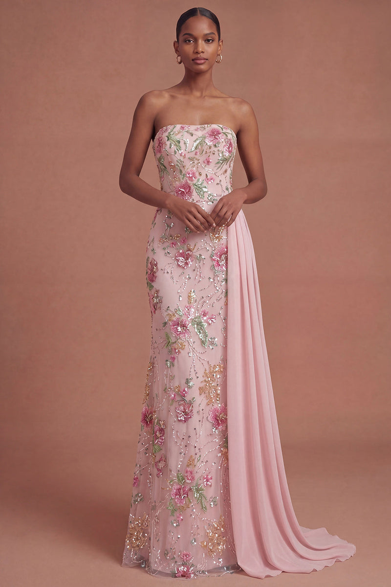 Laden Sie das Bild in den Galerie-Viewer, Leely Women Pink Floral Sparkly Sequined Long Prom Dress with Cape Strapless Beaded Embellished Dress Formal Dress Debs Dress