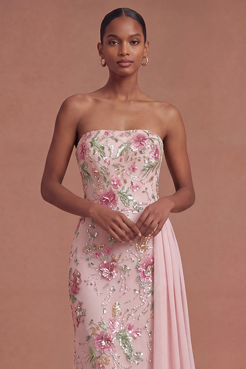 Laden Sie das Bild in den Galerie-Viewer, Rosa Blumenmuster Glitzer Langes Abiballkleid mit Cape