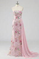 Laden Sie das Bild in den Galerie-Viewer, Rosa Blumenmuster Glitzer Langes Abiballkleid mit Cape