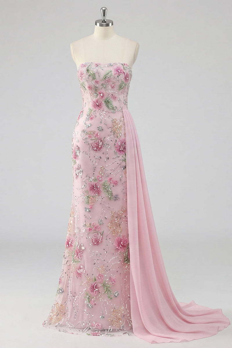 Laden Sie das Bild in den Galerie-Viewer, Rosa Blumenmuster Glitzer Langes Abiballkleid mit Cape