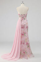 Laden Sie das Bild in den Galerie-Viewer, Rosa Blumenmuster Glitzer Langes Abiballkleid mit Cape