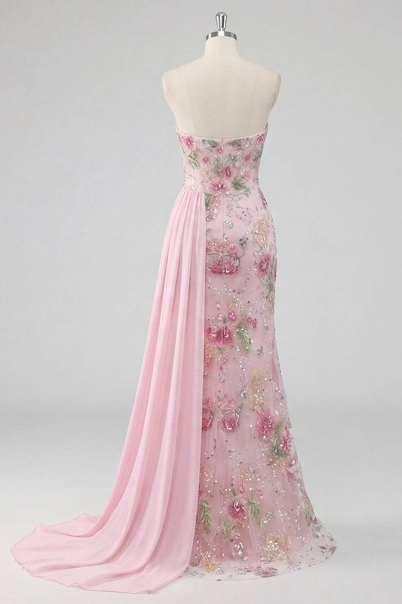 Laden Sie das Bild in den Galerie-Viewer, Rosa Blumenmuster Glitzer Langes Abiballkleid mit Cape