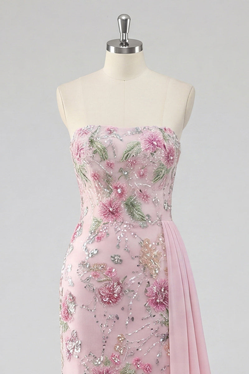 Laden Sie das Bild in den Galerie-Viewer, Rosa Blumenmuster Glitzer Langes Abiballkleid mit Cape