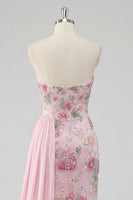 Laden Sie das Bild in den Galerie-Viewer, Rosa Blumenmuster Glitzer Langes Abiballkleid mit Cape