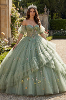 Laden Sie das Bild in den Galerie-Viewer, Staubige Salbei Prinzessin Blumen Lang Korsett Quinceañera Kleid mit Rüschen