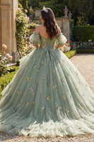 Laden Sie das Bild in den Galerie-Viewer, Staubige Salbei Prinzessin Blumen Lang Korsett Quinceañera Kleid mit Rüschen