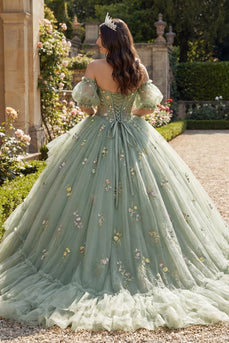 Staubige Salbei Prinzessin Blumen Lang Korsett Quinceañera Kleid mit Rüschen
