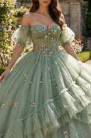 Laden Sie das Bild in den Galerie-Viewer, Staubige Salbei Prinzessin Blumen Lang Korsett Quinceañera Kleid mit Rüschen