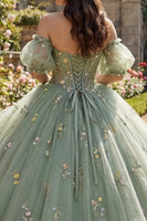 Laden Sie das Bild in den Galerie-Viewer, Staubige Salbei Prinzessin Blumen Lang Korsett Quinceañera Kleid mit Rüschen
