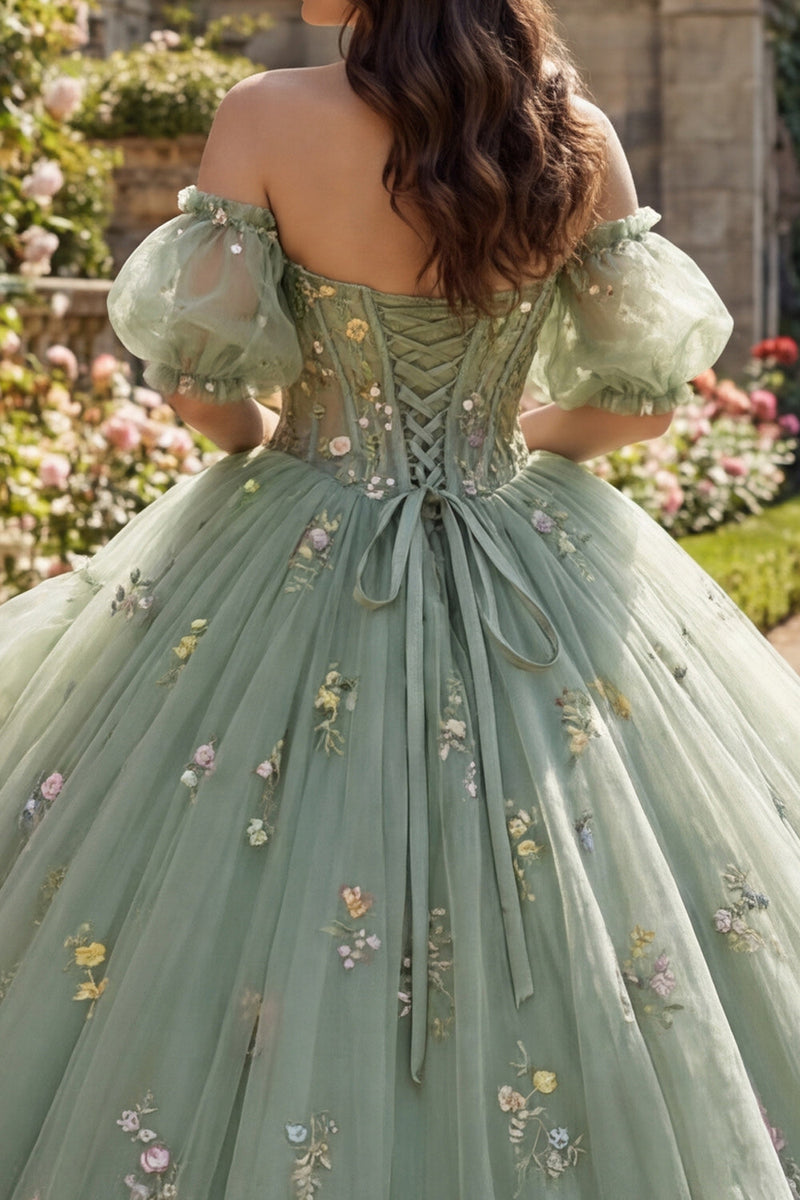 Laden Sie das Bild in den Galerie-Viewer, Staubige Salbei Prinzessin Blumen Lang Korsett Quinceañera Kleid mit Rüschen