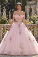 Laden Sie das Bild in den Galerie-Viewer, Schulterfrei Rosa Prinzessin Blumen Lang Korsett Quinceañera Kleid