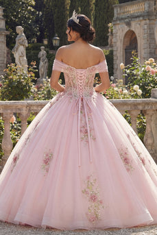 Schulterfrei Rosa Prinzessin Blumen Lang Korsett Quinceañera Kleid