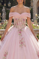 Laden Sie das Bild in den Galerie-Viewer, Schulterfrei Rosa Prinzessin Blumen Lang Korsett Quinceañera Kleid