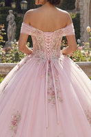 Laden Sie das Bild in den Galerie-Viewer, Schulterfrei Rosa Prinzessin Blumen Lang Korsett Quinceañera Kleid