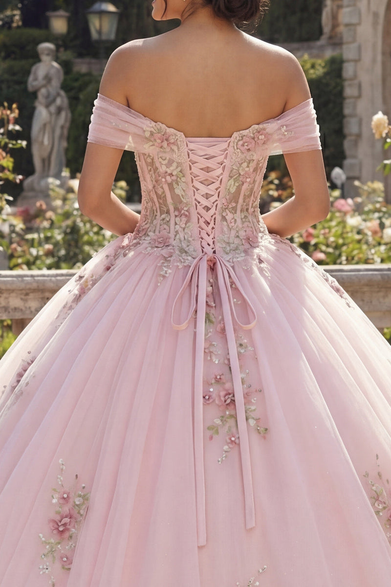 Laden Sie das Bild in den Galerie-Viewer, Schulterfrei Rosa Prinzessin Blumen Lang Korsett Quinceañera Kleid