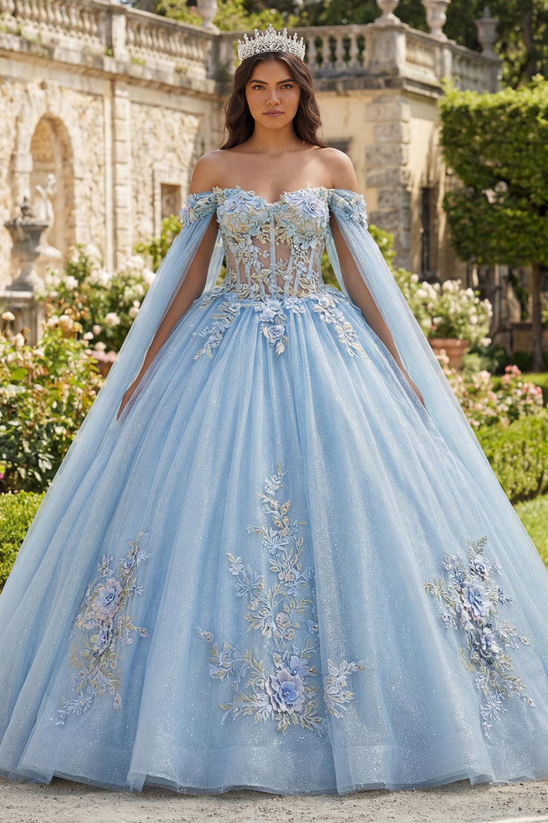 Laden Sie das Bild in den Galerie-Viewer, Hellblau Glitzer Prinzessin Blumen Lang Korsett Quinceañera Kleid mit Cape