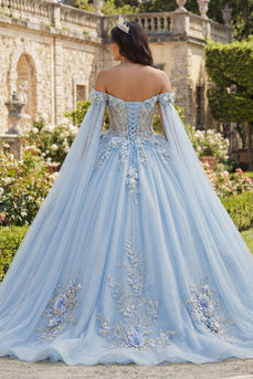 Hellblau Glitzer Prinzessin Blumen Lang Korsett Quinceañera Kleid mit Cape