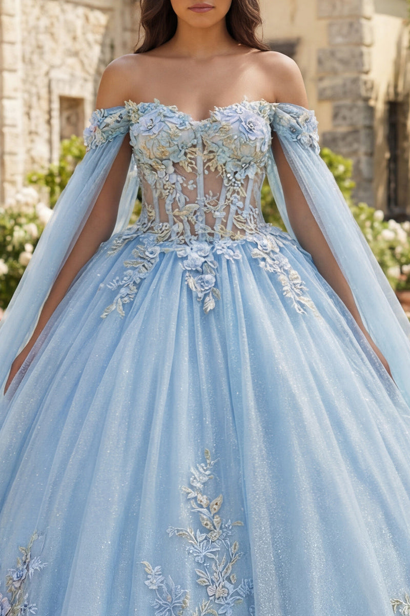 Laden Sie das Bild in den Galerie-Viewer, Hellblau Glitzer Prinzessin Blumen Lang Korsett Quinceañera Kleid mit Cape
