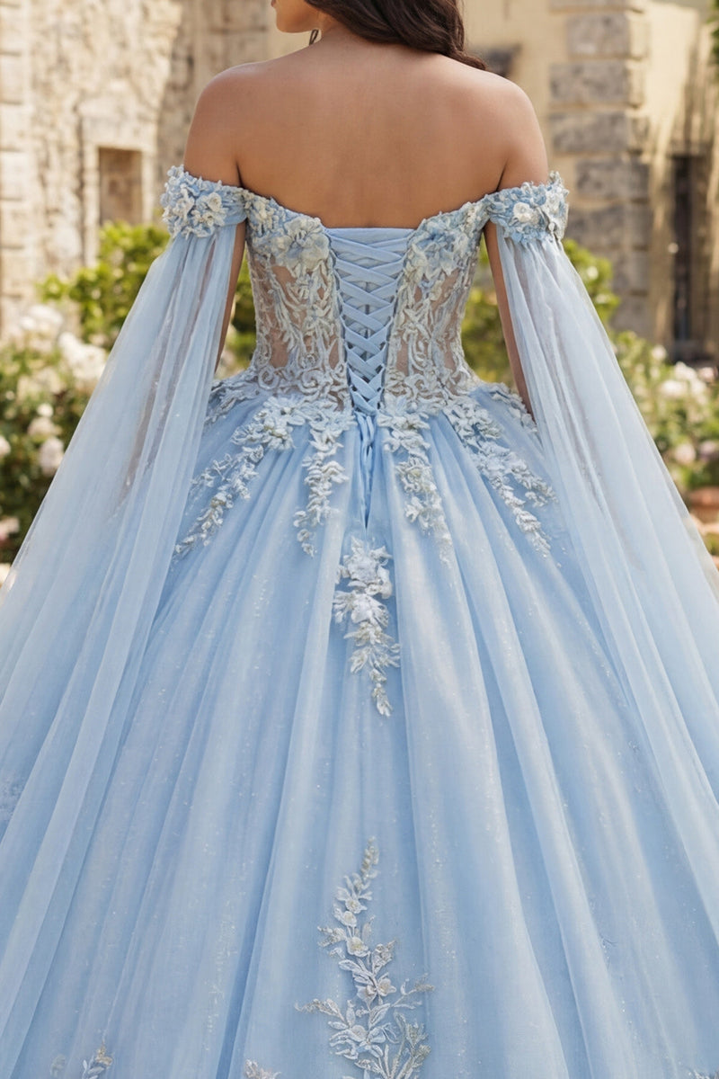 Laden Sie das Bild in den Galerie-Viewer, Hellblau Glitzer Prinzessin Blumen Lang Korsett Quinceañera Kleid mit Cape