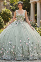 Laden Sie das Bild in den Galerie-Viewer, Rundhalsausschnitt Salbeigrün Prinzessin Perlenverziert Blumen Lang Korsett Quinceañera Kleid