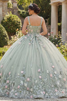Laden Sie das Bild in den Galerie-Viewer, Rundhalsausschnitt Salbeigrün Prinzessin Perlenverziert Blumen Lang Korsett Quinceañera Kleid
