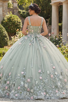Rundhalsausschnitt Salbeigrün Prinzessin Perlenverziert Blumen Lang Korsett Quinceañera Kleid