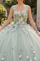 Laden Sie das Bild in den Galerie-Viewer, Rundhalsausschnitt Salbeigrün Prinzessin Perlenverziert Blumen Lang Korsett Quinceañera Kleid