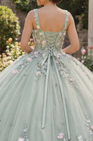 Laden Sie das Bild in den Galerie-Viewer, Rundhalsausschnitt Salbeigrün Prinzessin Perlenverziert Blumen Lang Korsett Quinceañera Kleid